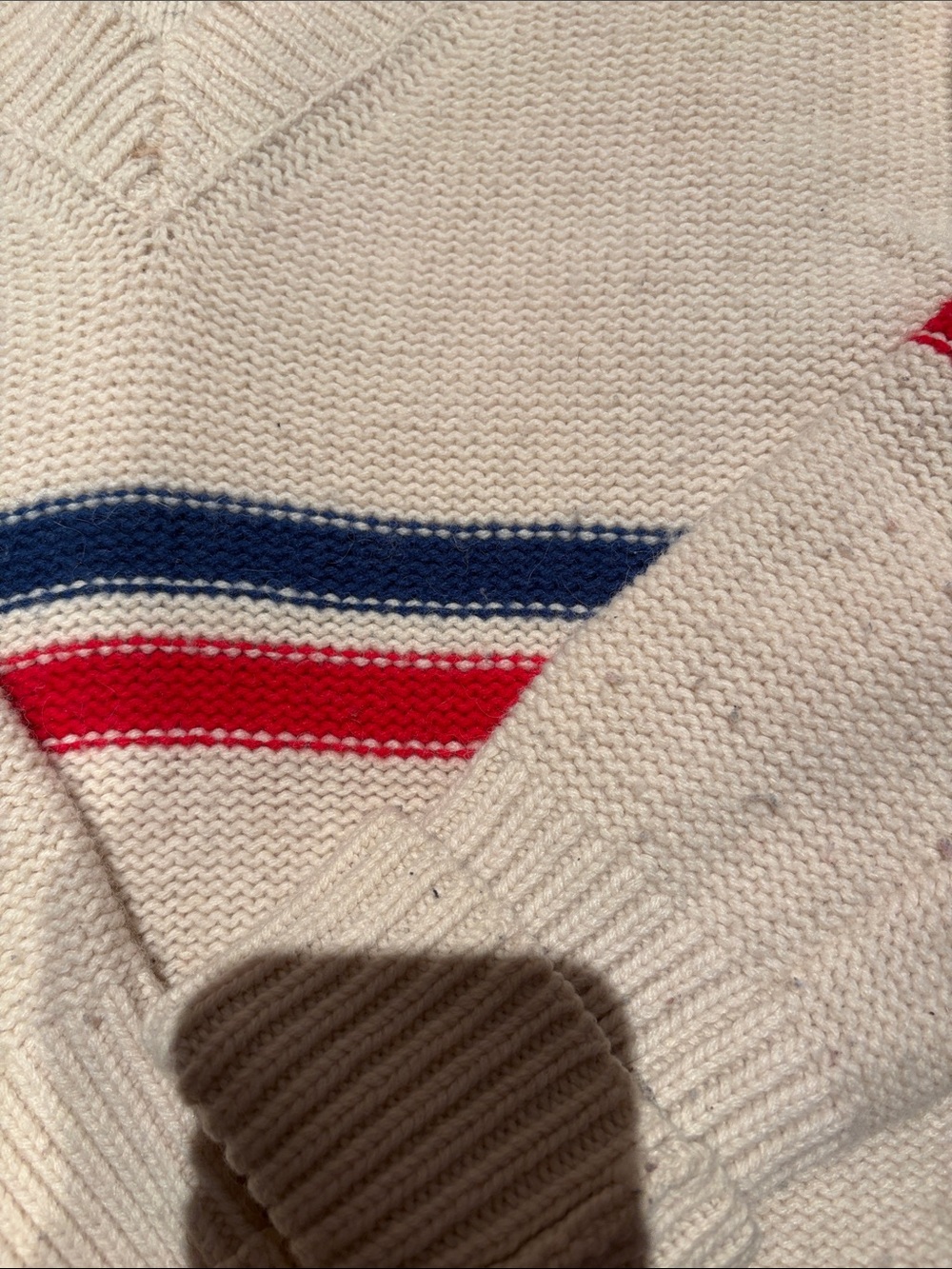 Roots Women’s Cream V-Neck Sweater with Blue and Red Stripes - Picture 2 of 4
